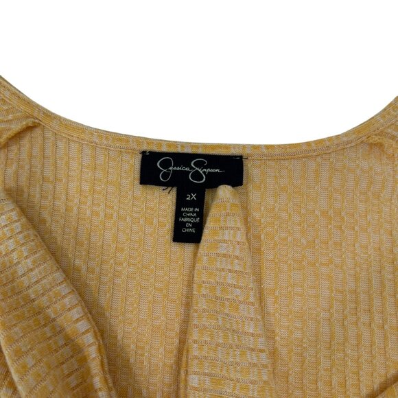 Jessica Simpson Womens Yellow Textured Knot Front Top SZ 2X Short Sleeve Stretch - Picture 3 of 12